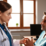 **A doctor attentively listening to a patient, making eye contact, in a cozy and warmly lit office. Emphasis on empathy and connection.**