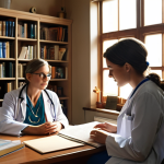 **A compassionate doctor attentively listening to a female patient's story in a cozy, warmly lit office. Bookshelves line the walls, and soft daylight filters through the window. The scene evokes empathy and trust.**