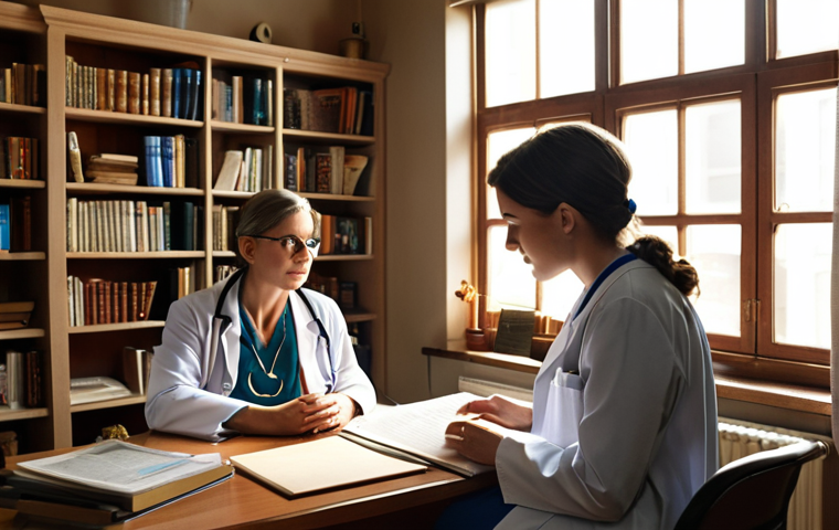 **A compassionate doctor attentively listening to a female patient's story in a cozy, warmly lit office. Bookshelves line the walls, and soft daylight filters through the window. The scene evokes empathy and trust.**