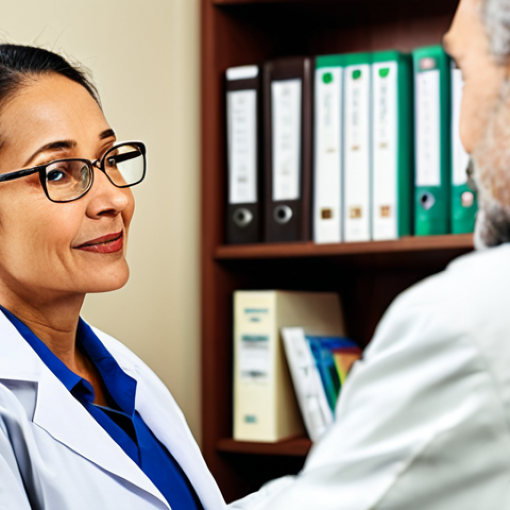 **
A compassionate doctor, fully clothed in a professional white coat, is actively listening to an elderly female patient in a cozy, warmly lit office setting. The patient is dressed modestly. Focus on conveying empathy and understanding in their facial expressions. Background includes medical charts and a bookshelf. Safe for work, appropriate content, family-friendly, perfect anatomy, correct proportions, professional setting.
**