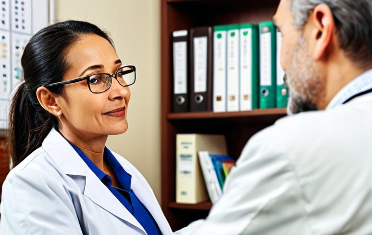 **
A compassionate doctor, fully clothed in a professional white coat, is actively listening to an elderly female patient in a cozy, warmly lit office setting. The patient is dressed modestly. Focus on conveying empathy and understanding in their facial expressions. Background includes medical charts and a bookshelf. Safe for work, appropriate content, family-friendly, perfect anatomy, correct proportions, professional setting.
**