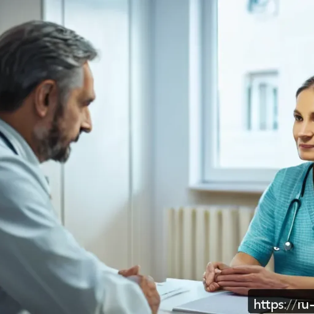 내러티브 의학의 연구 방법론 - A compassionate doctor attentively listening to a middle-aged Russian patient in a cozy clinic room,...