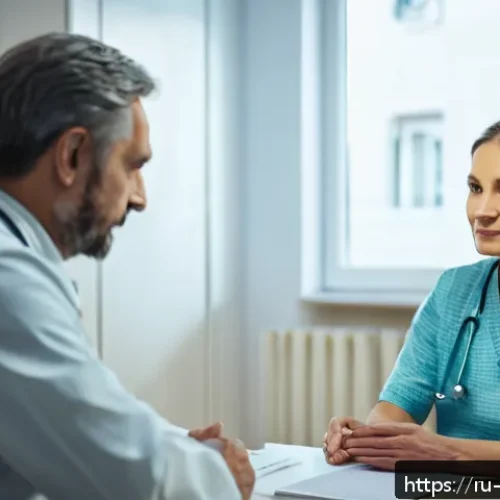 Home 11 내러티브 의학의 연구 방법론 - A compassionate doctor attentively listening to a middle-aged Russian patient in a cozy clinic room,...