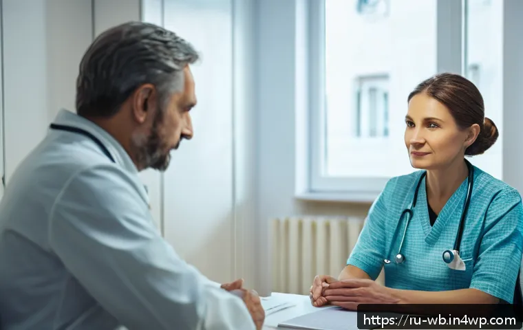 내러티브 의학의 연구 방법론 - A compassionate doctor attentively listening to a middle-aged Russian patient in a cozy clinic room,...