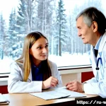 내러티브 의학의 가치 평가 - Photorealistic documentary-style scene in a Moscow public hospital consultation room, an empathetic ...