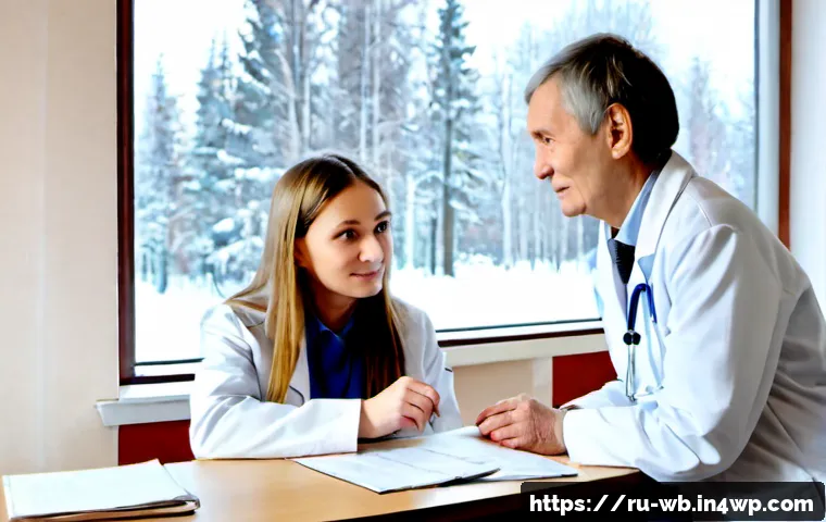내러티브 의학의 가치 평가 - Photorealistic documentary-style scene in a Moscow public hospital consultation room, an empathetic ...
